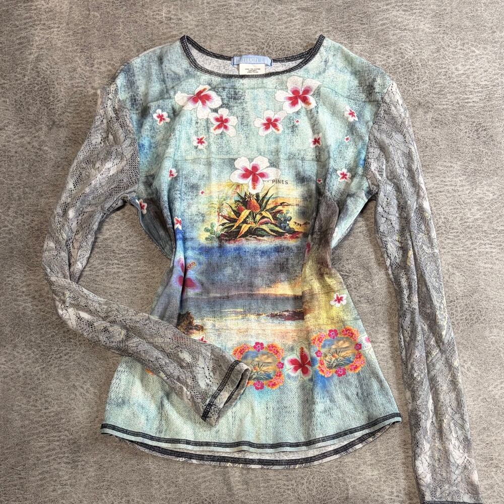 Vintage Tropical Graphic Mesh Long Sleeve Top
